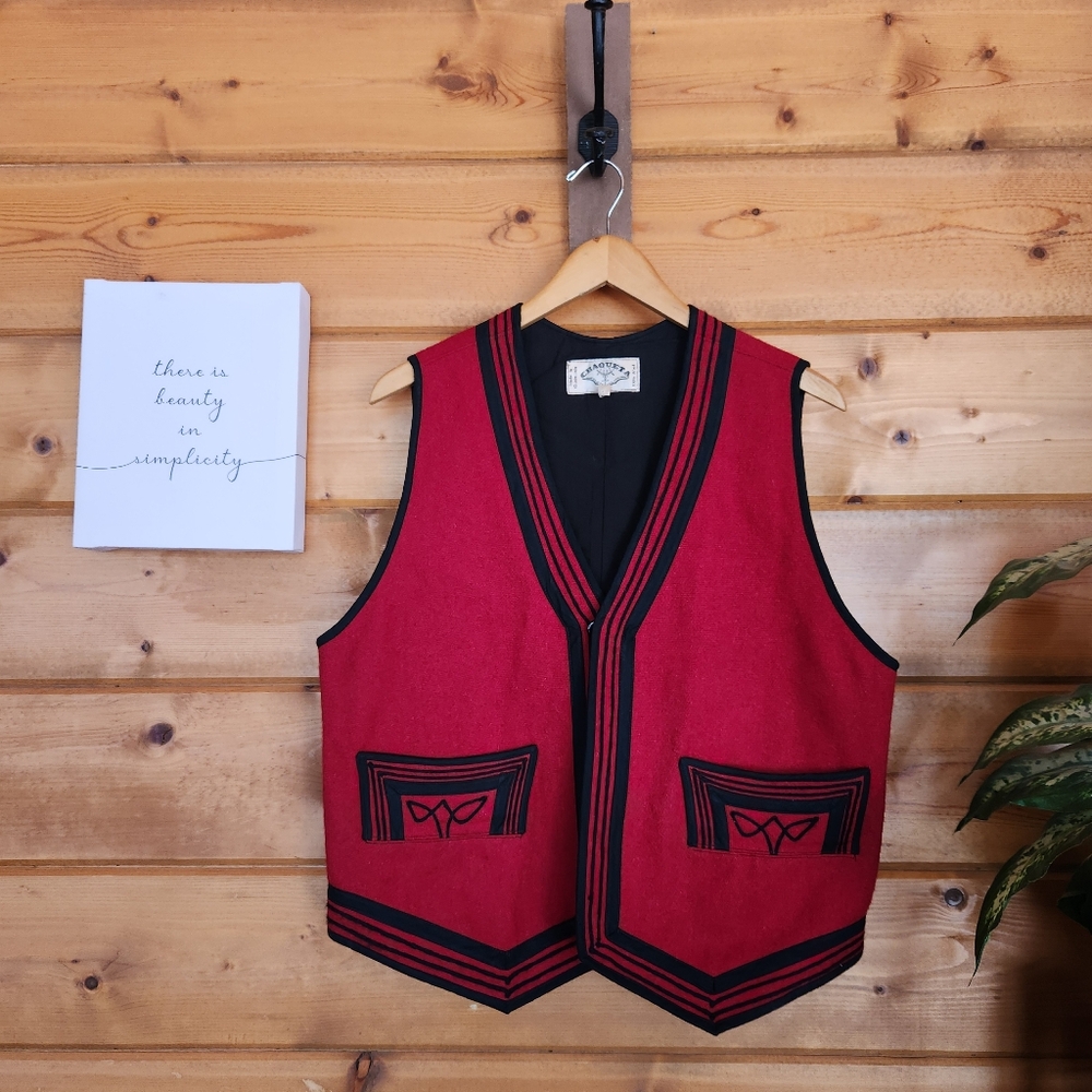 Vintage CHAQUETA‎ Guatemala Vest Red Black Soutache Embroider Appliqué Wool Sz L